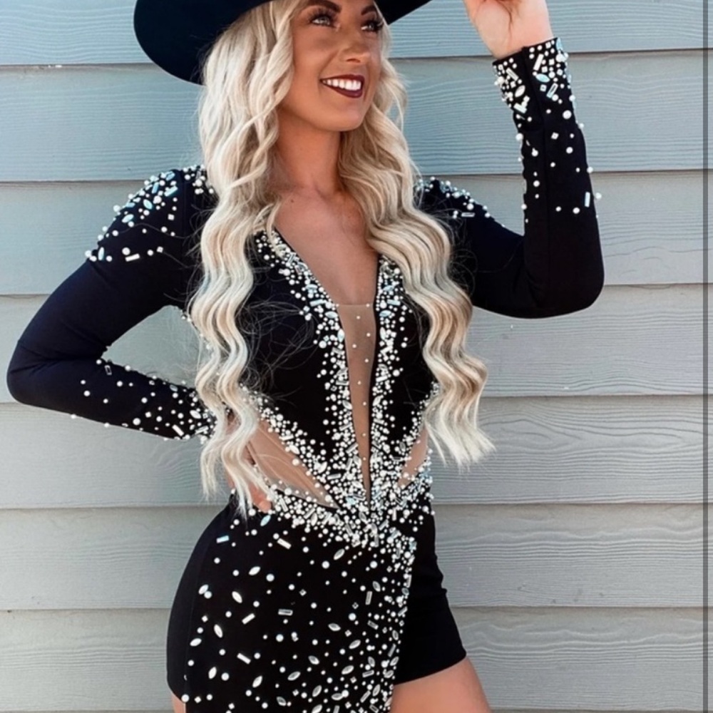 Elegant Black and White Embellished Bodysuit